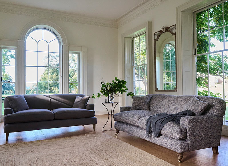 3 Linton 3 Seater Sofas in V&A Drawn to Nature Collection Willow Navy and Romo Linara Steeple Grey